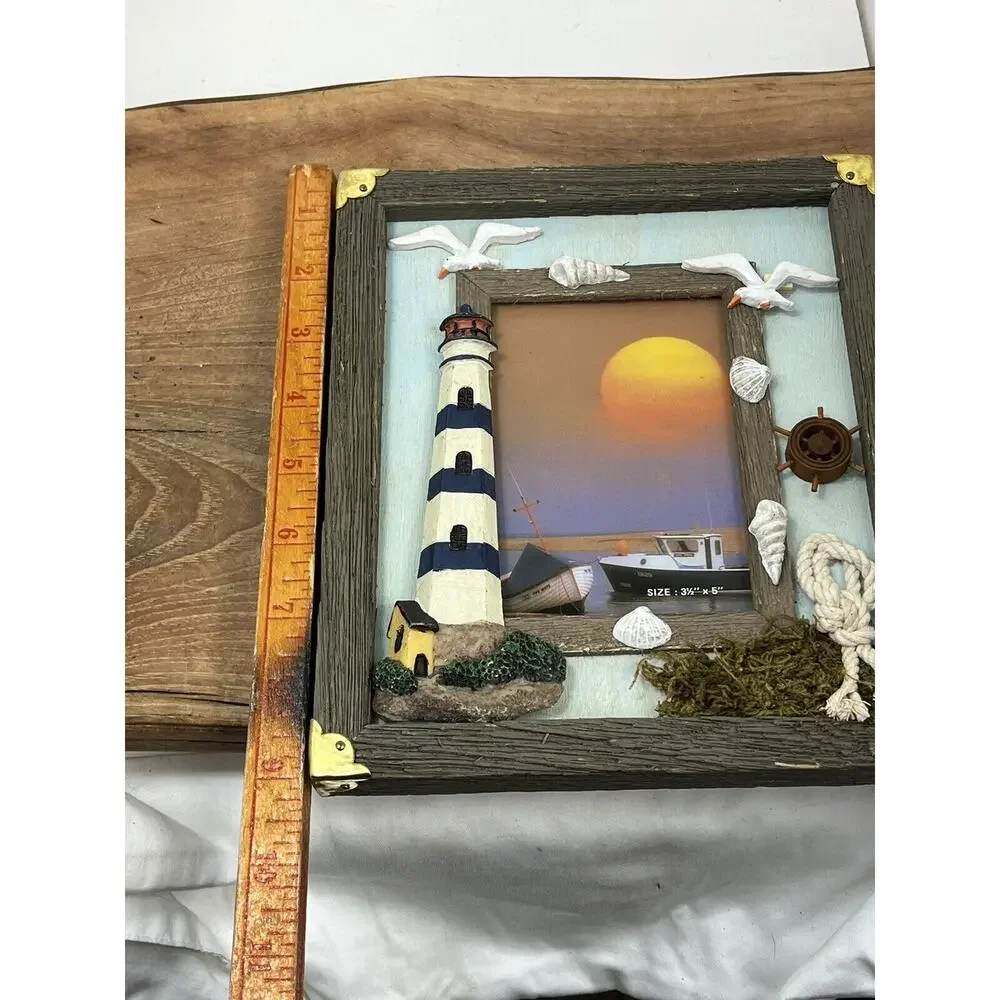 Vintage Lighthouse Picture Frame Table Desk Top Glass Multicolor Nautical Sea